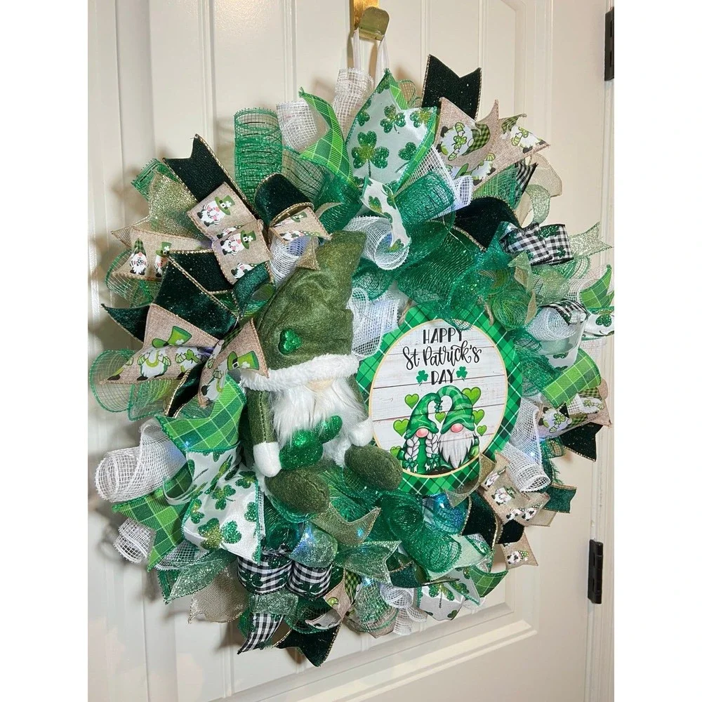 Handmade Happy St. Patrick’s Day Gnome Ribbon Prelit Wreath 22 ins LED W12